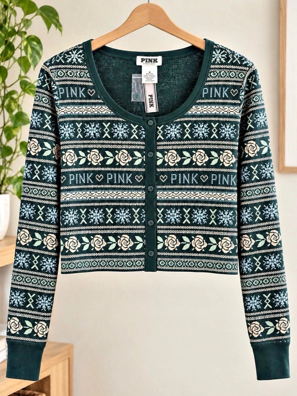 PINK Fair Isle Cardigan in Green & Size Small NWT